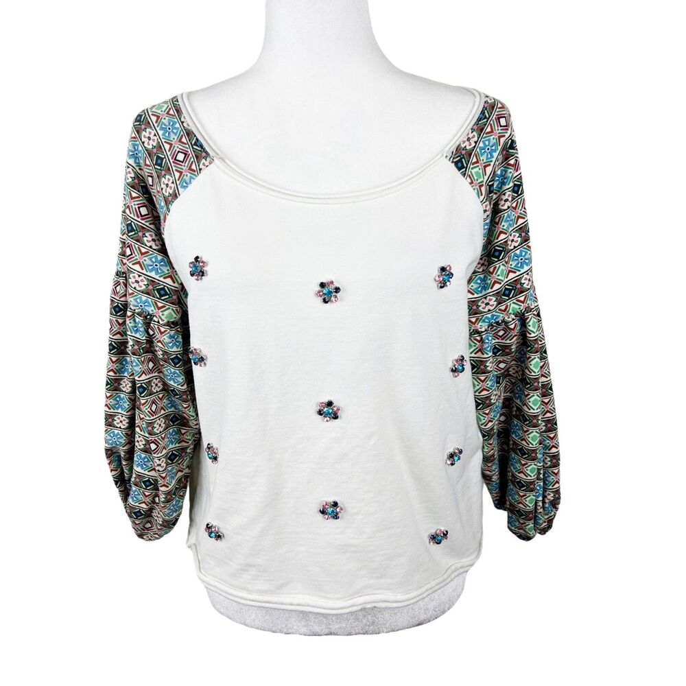 Anthropologie LAIA Blouse Women Small Ivory Green Raglan Puff Sleeve Embellished